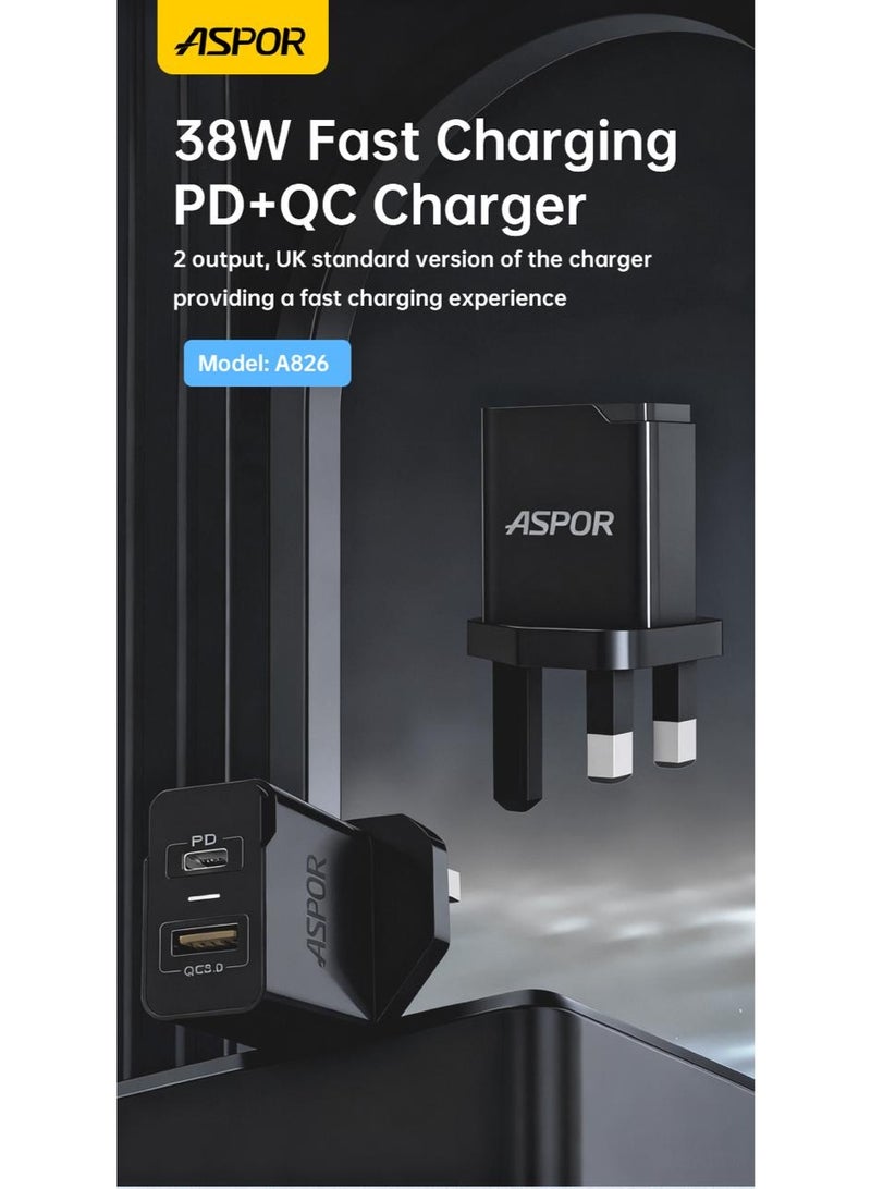 أسبور محول الشحن فائق السرعة Aspor A826 بقوة 38 واط مع تقنية الشحن السريع PD بقوة 20 واط وتقنية الشحن السريع QC 3.0 - Image 1